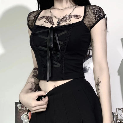 Vintage Bodycon Bandage Lace Black T-shirts