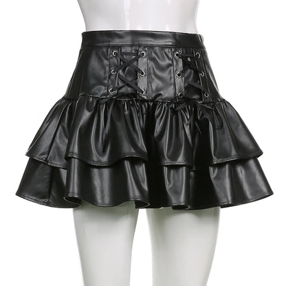 SUCHCUTE Goth Black Pu Leather Patchwork Lace Tiered Cake Mini Skirts Y2K Aesthetic 90s Lolita Skirt Women Sexy Low Waist Skirt