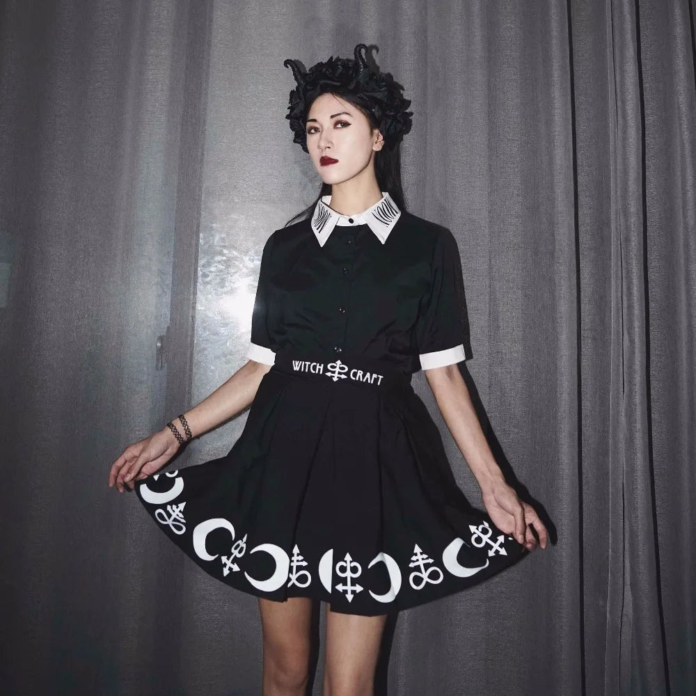 Harajuku Punk Rock Gothic Skirt Black Women Witch Moon Printed High Waist Star Print Goth Pleated Emo Alt Y2K Mini Skirts