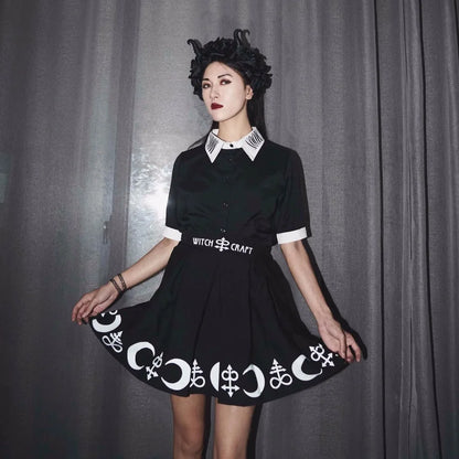 Harajuku Punk Rock Gothic Skirt Black Women Witch Moon Printed High Waist Star Print Goth Pleated Emo Alt Y2K Mini Skirts