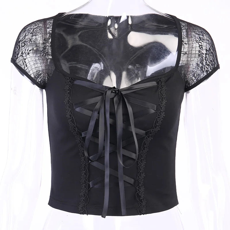 Vintage Bodycon Bandage Lace Black T-shirts