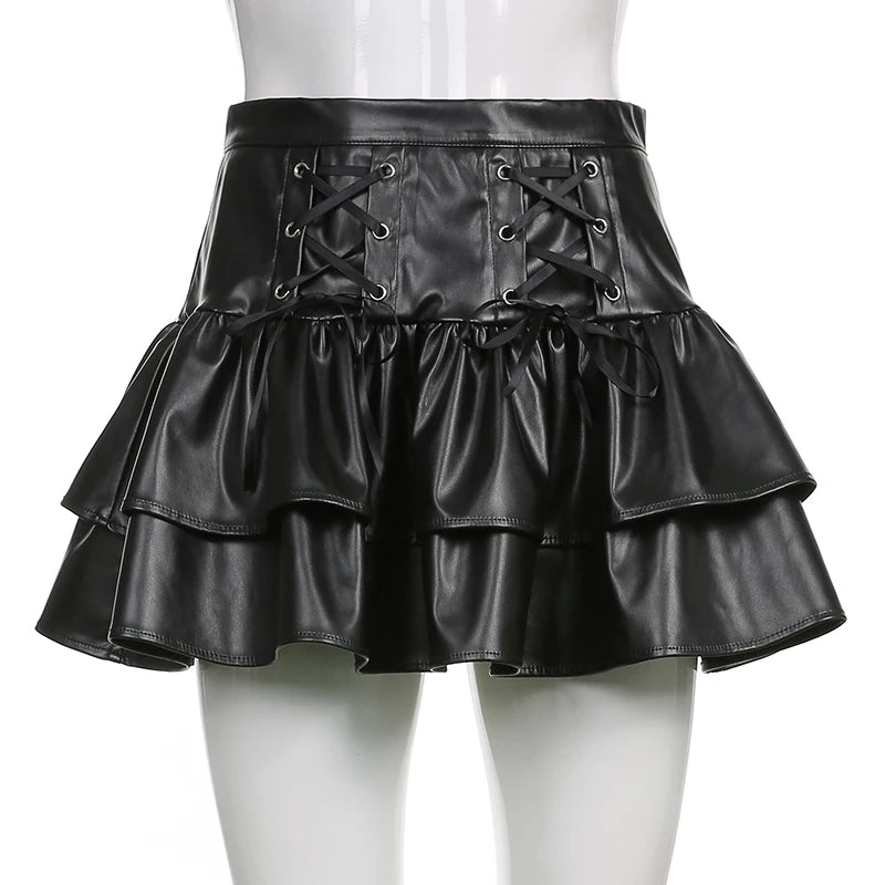 SUCHCUTE Goth Black Pu Leather Patchwork Lace Tiered Cake Mini Skirts Y2K Aesthetic 90s Lolita Skirt Women Sexy Low Waist Skirt