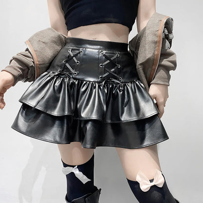 SUCHCUTE Goth Black Pu Leather Patchwork Lace Tiered Cake Mini Skirts Y2K Aesthetic 90s Lolita Skirt Women Sexy Low Waist Skirt