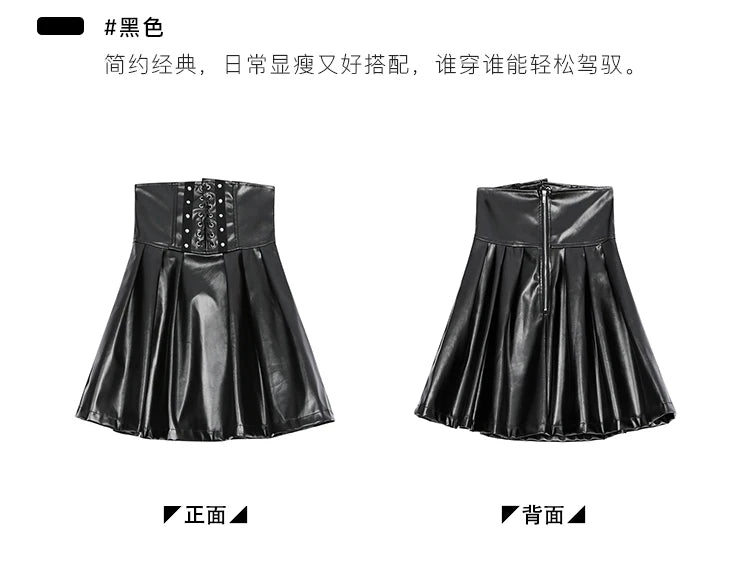 Lautaro Black Soft Pu Leather Pleated Skirt Women High Waist Goth Vintage Punk Style Luxury Designer Clothes 2025