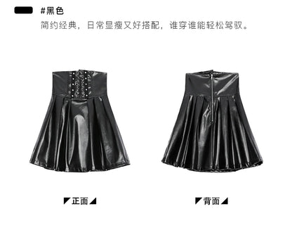 Lautaro Black Soft Pu Leather Pleated Skirt Women High Waist Goth Vintage Punk Style Luxury Designer Clothes 2025