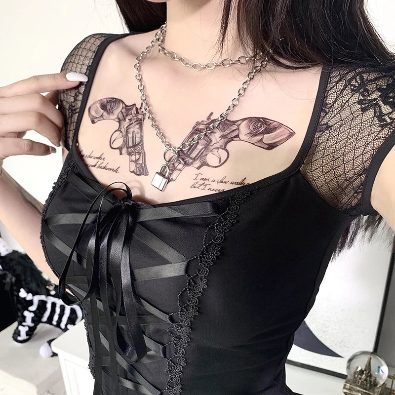 Vintage Bodycon Bandage Lace Black T-shirts