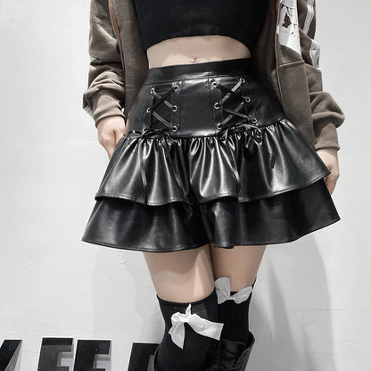 SUCHCUTE Goth Black Pu Leather Patchwork Lace Tiered Cake Mini Skirts Y2K Aesthetic 90s Lolita Skirt Women Sexy Low Waist Skirt