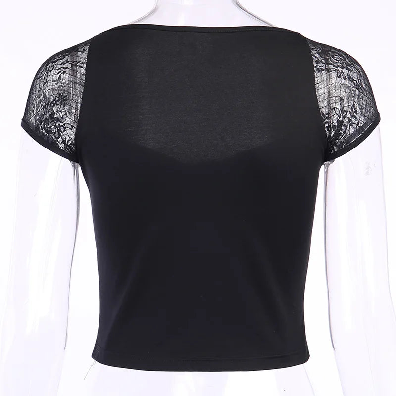 Vintage Bodycon Bandage Lace Black T-shirts