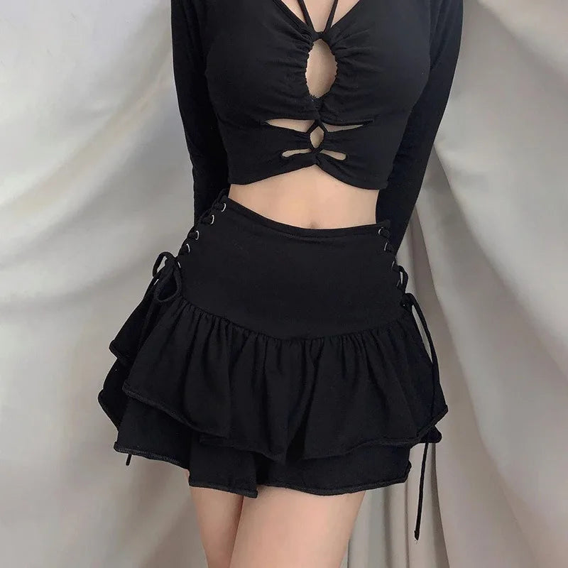 AltGoth Y2k Gothic Cake Skirt Women Dark Punk Streetwear Bandage High Waist Skirt Harajuku Grunge Emo Alternative Clubwear Skirt