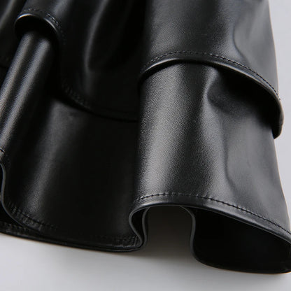 SUCHCUTE Goth Black Pu Leather Patchwork Lace Tiered Cake Mini Skirts Y2K Aesthetic 90s Lolita Skirt Women Sexy Low Waist Skirt