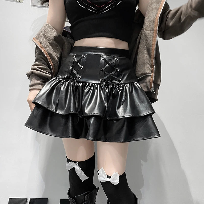 SUCHCUTE Goth Black Pu Leather Patchwork Lace Tiered Cake Mini Skirts Y2K Aesthetic 90s Lolita Skirt Women Sexy Low Waist Skirt