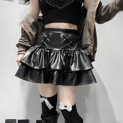 SUCHCUTE Goth Black Pu Leather Patchwork Lace Tiered Cake Mini Skirts Y2K Aesthetic 90s Lolita Skirt Women Sexy Low Waist Skirt
