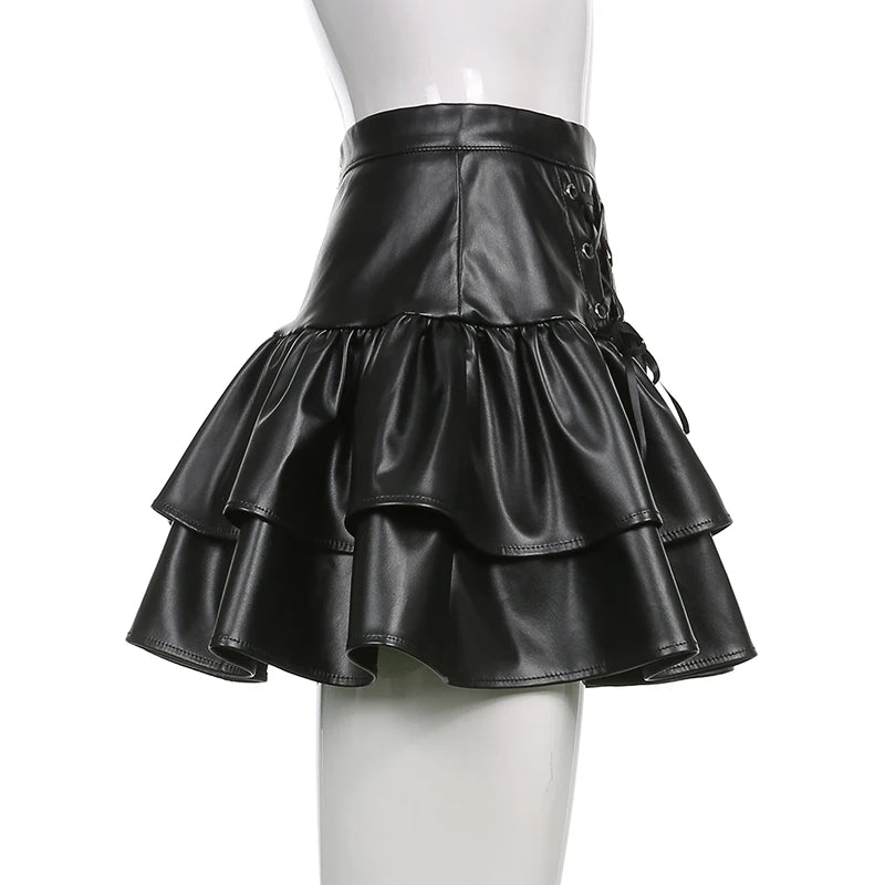 SUCHCUTE Goth Black Pu Leather Patchwork Lace Tiered Cake Mini Skirts Y2K Aesthetic 90s Lolita Skirt Women Sexy Low Waist Skirt