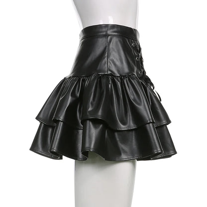 SUCHCUTE Goth Black Pu Leather Patchwork Lace Tiered Cake Mini Skirts Y2K Aesthetic 90s Lolita Skirt Women Sexy Low Waist Skirt