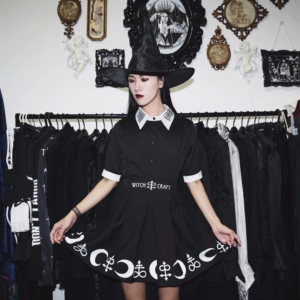 Harajuku Punk Rock Gothic Skirt Black Women Witch Moon Printed High Waist Star Print Goth Pleated Emo Alt Y2K Mini Skirts