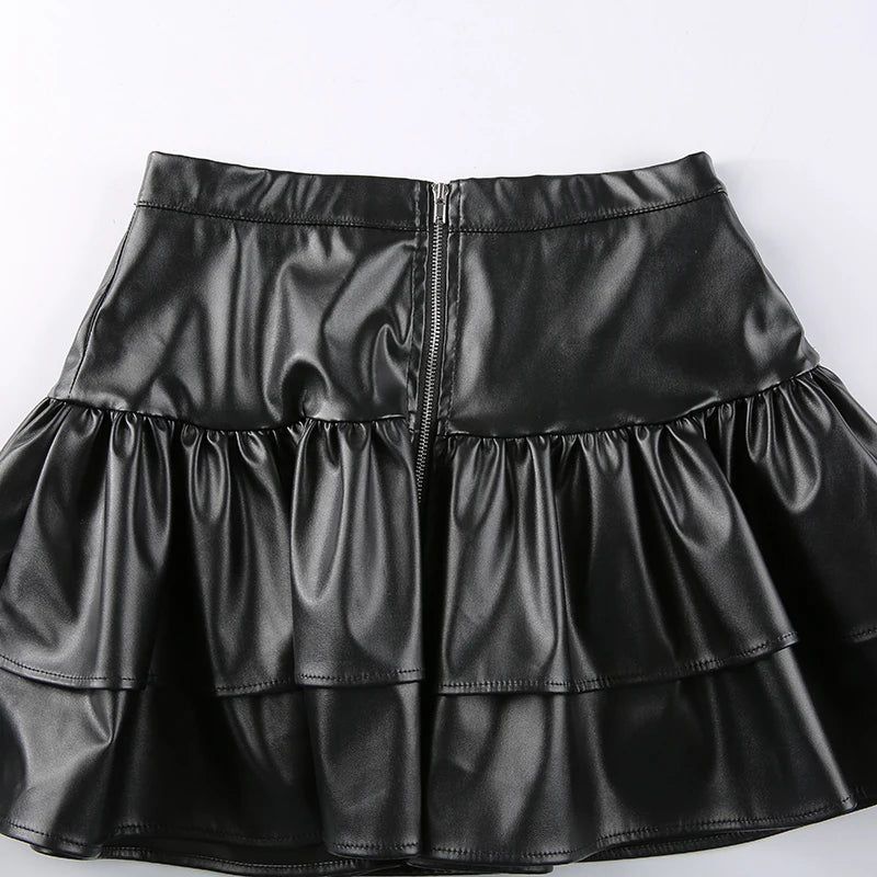 SUCHCUTE Goth Black Pu Leather Patchwork Lace Tiered Cake Mini Skirts Y2K Aesthetic 90s Lolita Skirt Women Sexy Low Waist Skirt