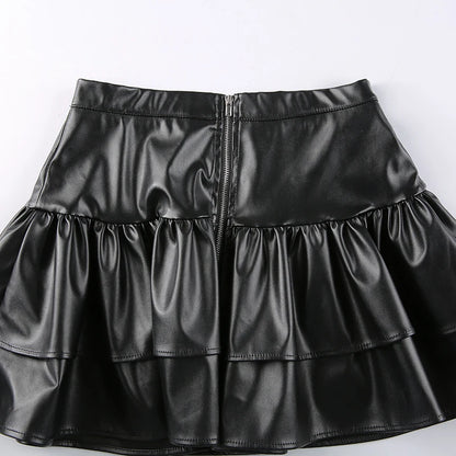 SUCHCUTE Goth Black Pu Leather Patchwork Lace Tiered Cake Mini Skirts Y2K Aesthetic 90s Lolita Skirt Women Sexy Low Waist Skirt