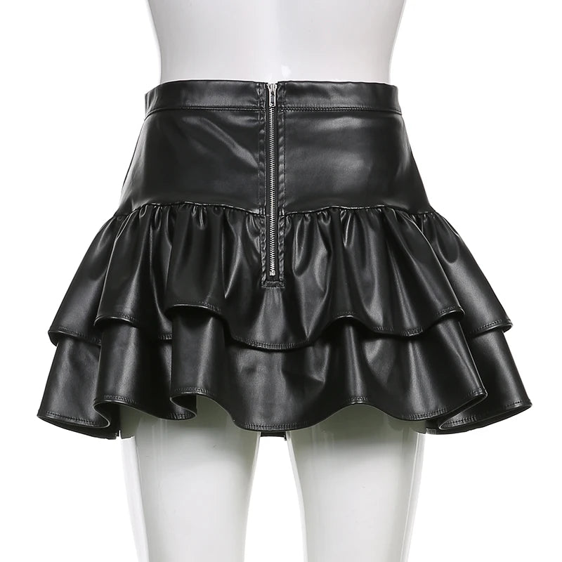 SUCHCUTE Goth Black Pu Leather Patchwork Lace Tiered Cake Mini Skirts Y2K Aesthetic 90s Lolita Skirt Women Sexy Low Waist Skirt