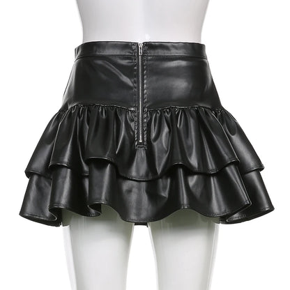 SUCHCUTE Goth Black Pu Leather Patchwork Lace Tiered Cake Mini Skirts Y2K Aesthetic 90s Lolita Skirt Women Sexy Low Waist Skirt