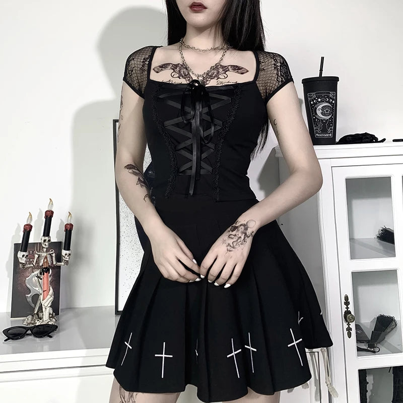 Vintage Bodycon Bandage Lace Black T-shirts