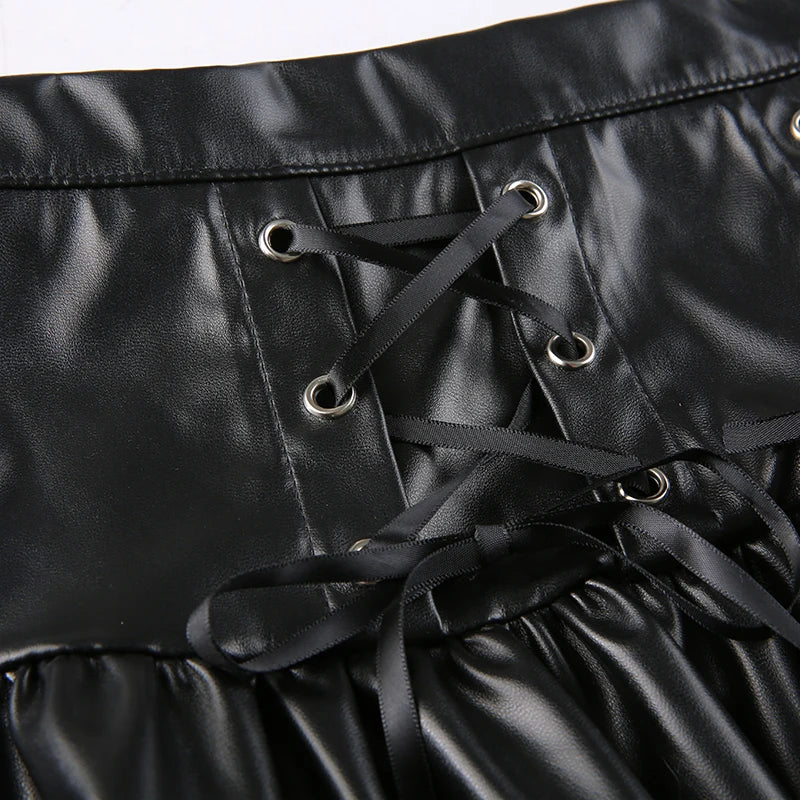 SUCHCUTE Goth Black Pu Leather Patchwork Lace Tiered Cake Mini Skirts Y2K Aesthetic 90s Lolita Skirt Women Sexy Low Waist Skirt
