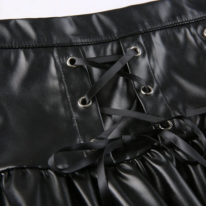 SUCHCUTE Goth Black Pu Leather Patchwork Lace Tiered Cake Mini Skirts Y2K Aesthetic 90s Lolita Skirt Women Sexy Low Waist Skirt