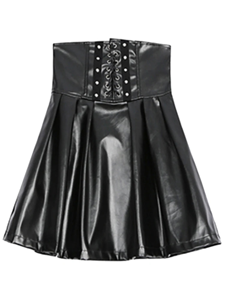 Lautaro Black Soft Pu Leather Pleated Skirt Women High Waist Goth Vintage Punk Style Luxury Designer Clothes 2025