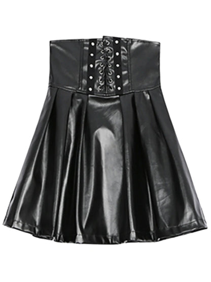 Lautaro Black Soft Pu Leather Pleated Skirt Women High Waist Goth Vintage Punk Style Luxury Designer Clothes 2025