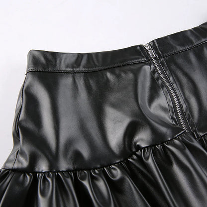 SUCHCUTE Goth Black Pu Leather Patchwork Lace Tiered Cake Mini Skirts Y2K Aesthetic 90s Lolita Skirt Women Sexy Low Waist Skirt