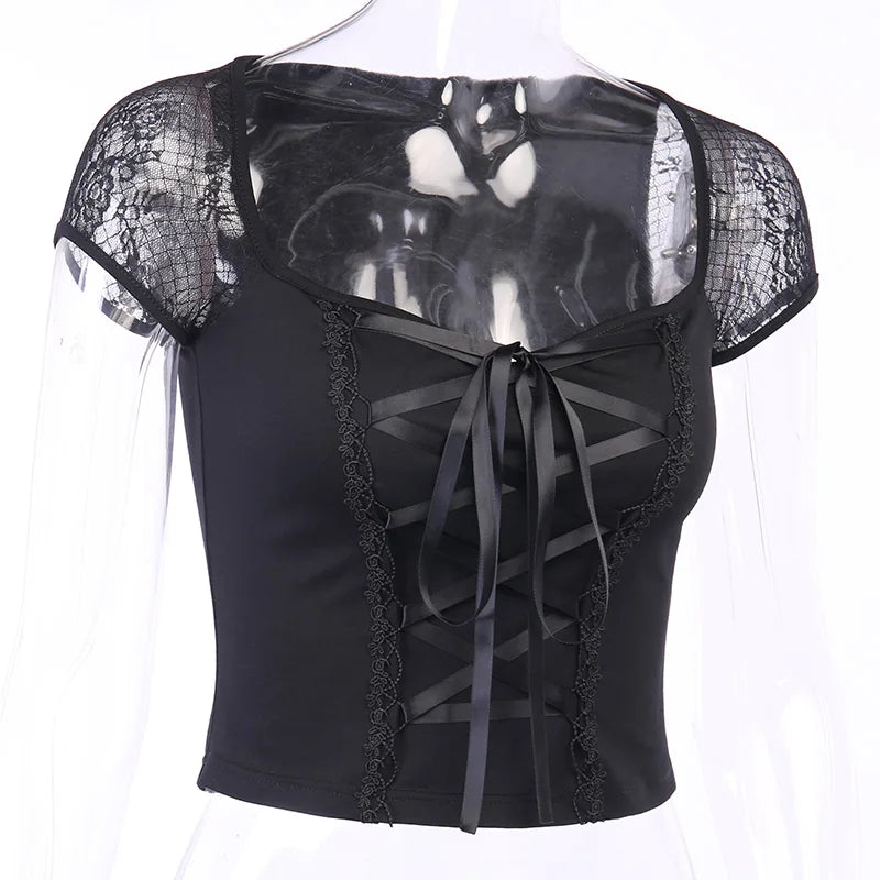 Vintage Bodycon Bandage Lace Black T-shirts