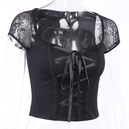 Vintage Bodycon Bandage Lace Black T-shirts