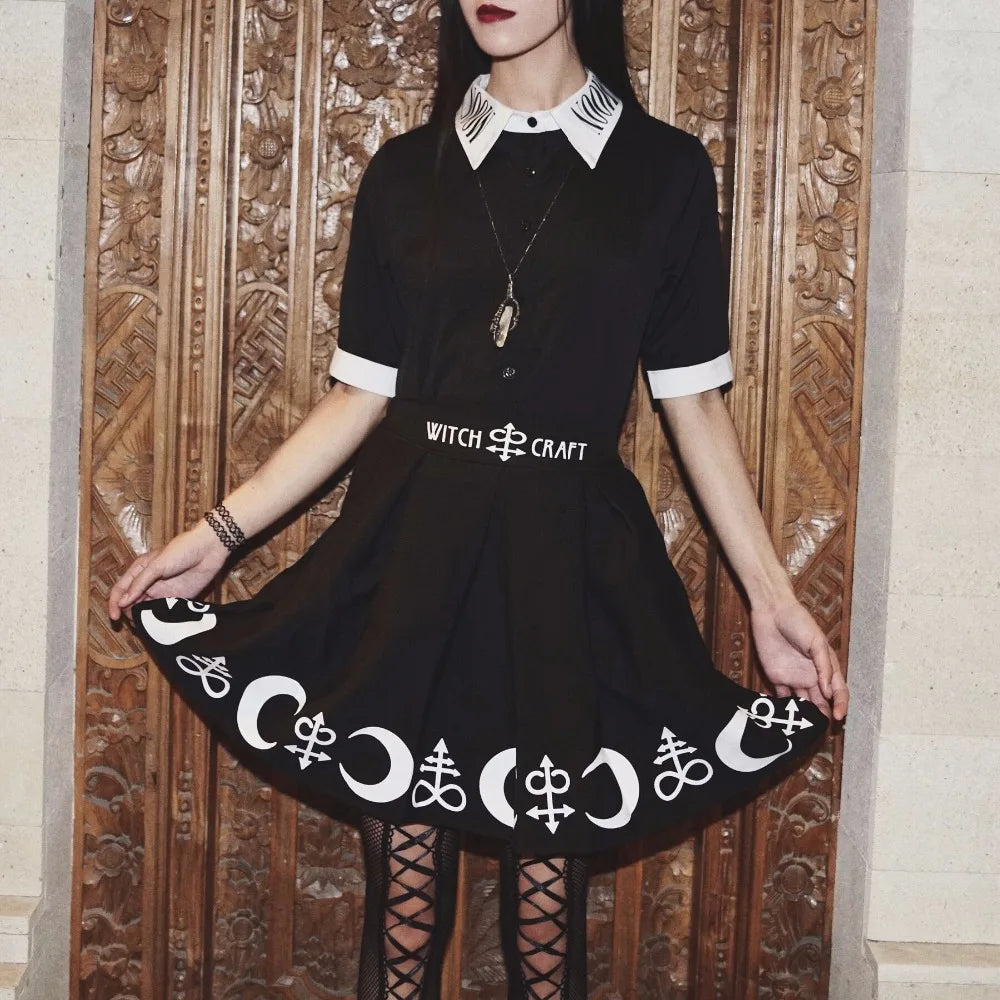 Harajuku Punk Rock Gothic Skirt Black Women Witch Moon Printed High Waist Star Print Goth Pleated Emo Alt Y2K Mini Skirts