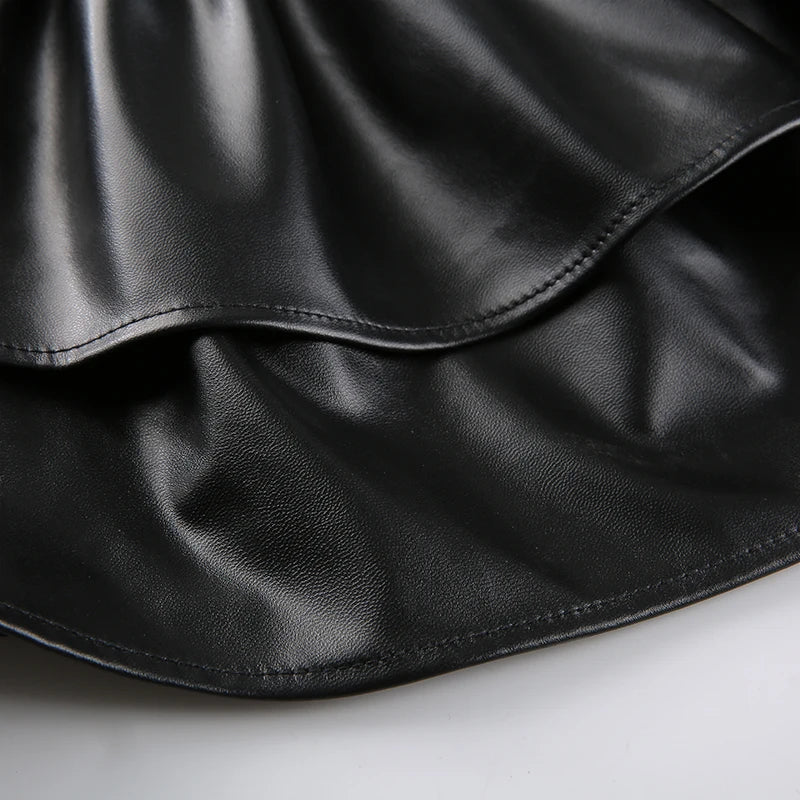 SUCHCUTE Goth Black Pu Leather Patchwork Lace Tiered Cake Mini Skirts Y2K Aesthetic 90s Lolita Skirt Women Sexy Low Waist Skirt