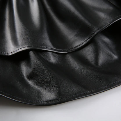 SUCHCUTE Goth Black Pu Leather Patchwork Lace Tiered Cake Mini Skirts Y2K Aesthetic 90s Lolita Skirt Women Sexy Low Waist Skirt