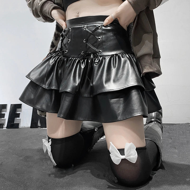 SUCHCUTE Goth Black Pu Leather Patchwork Lace Tiered Cake Mini Skirts Y2K Aesthetic 90s Lolita Skirt Women Sexy Low Waist Skirt