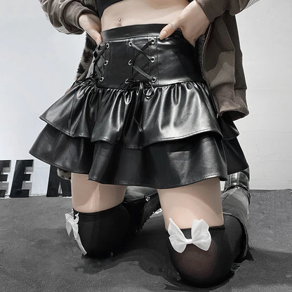 SUCHCUTE Goth Black Pu Leather Patchwork Lace Tiered Cake Mini Skirts Y2K Aesthetic 90s Lolita Skirt Women Sexy Low Waist Skirt