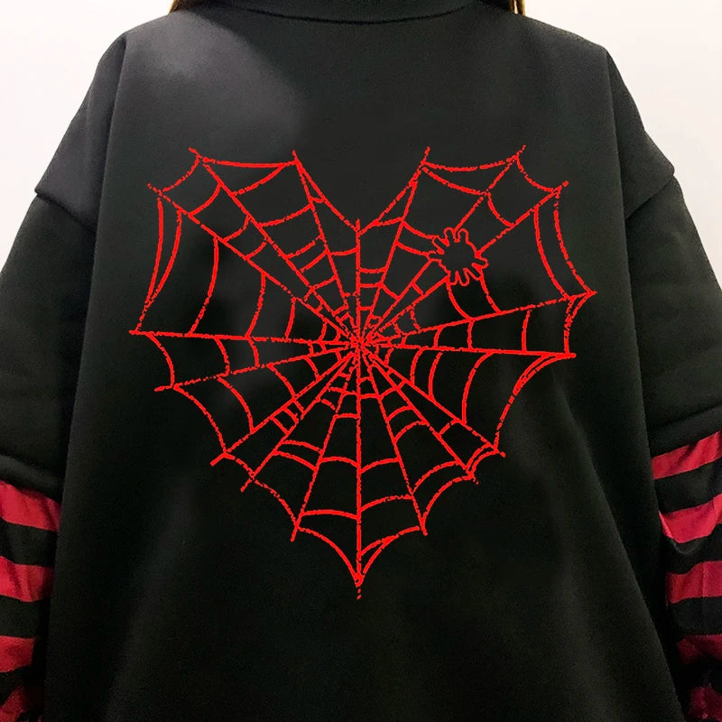 GOTH Black Long Sleeve  Fake Two-piece Spider web sweatshirt