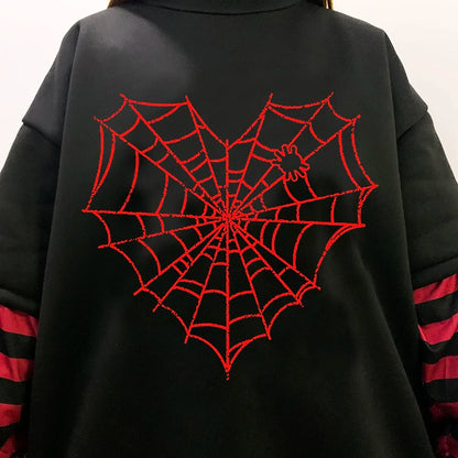 GOTH Black Long Sleeve  Fake Two-piece Spider web sweatshirt