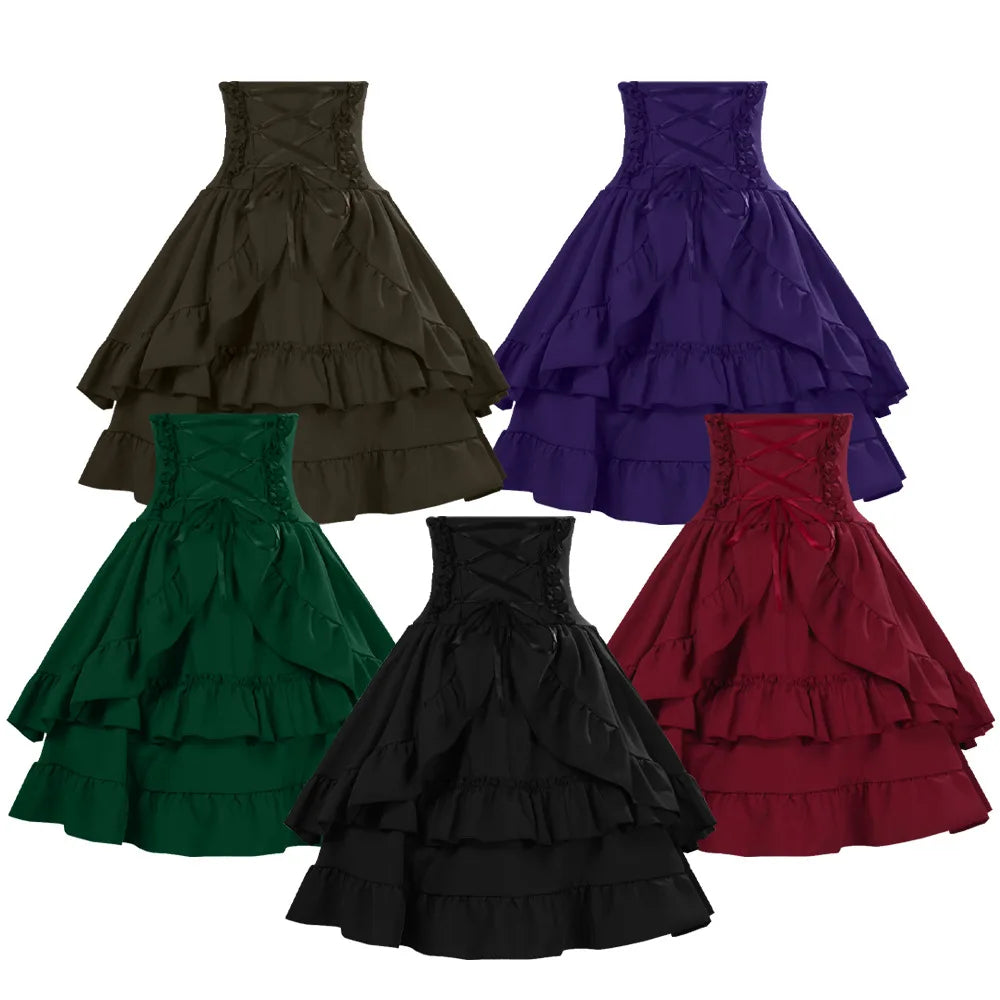 Victorian Period Skirt Girls Black Gothic Style Multi-layer Cake Half Dress Princess Cosplay Banquet Lolita