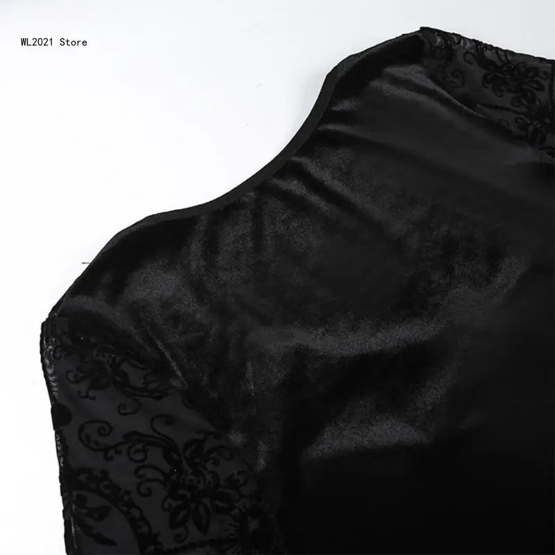 Gothic Dress Black Draped Bodycon Dresses Vintage Dark Flocking Long Skirt Party Birthday Costume for Women Girls