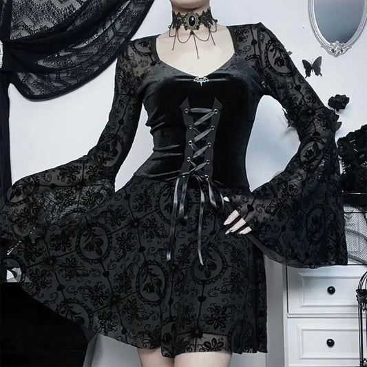 Gothic Dress Black Draped Bodycon Dresses Vintage Dark Flocking Long Skirt Party Birthday Costume for Women Girls