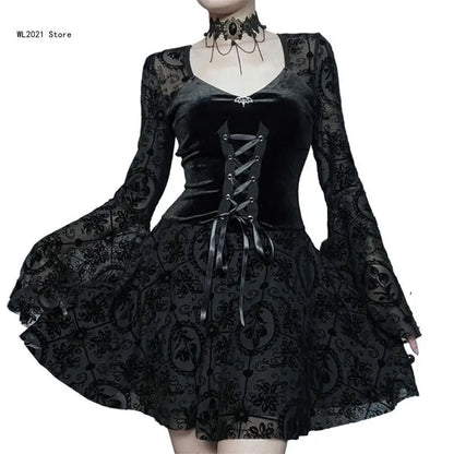 Gothic Dress Black Draped Bodycon Dresses Vintage Dark Flocking Long Skirt Party Birthday Costume for Women Girls