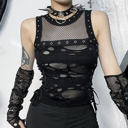 Gothic Crop Tops Tanks Trendy Camisole Fishnet Backless  Vest