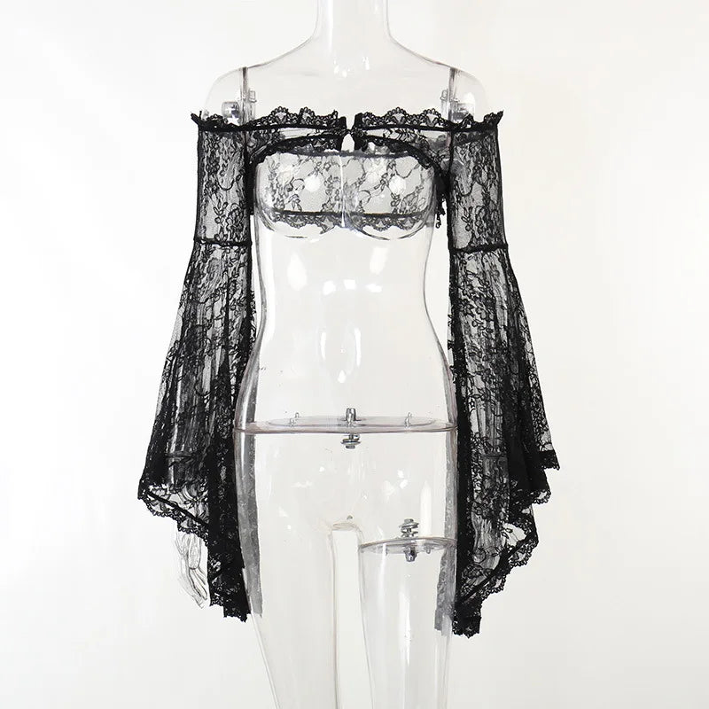 Dark Black Goth Vintage Flared Sleeve Lace Shoulder Cover