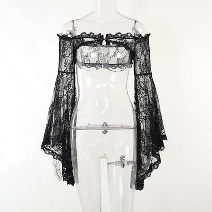 Dark Black Goth Vintage Flared Sleeve Lace Shoulder Cover