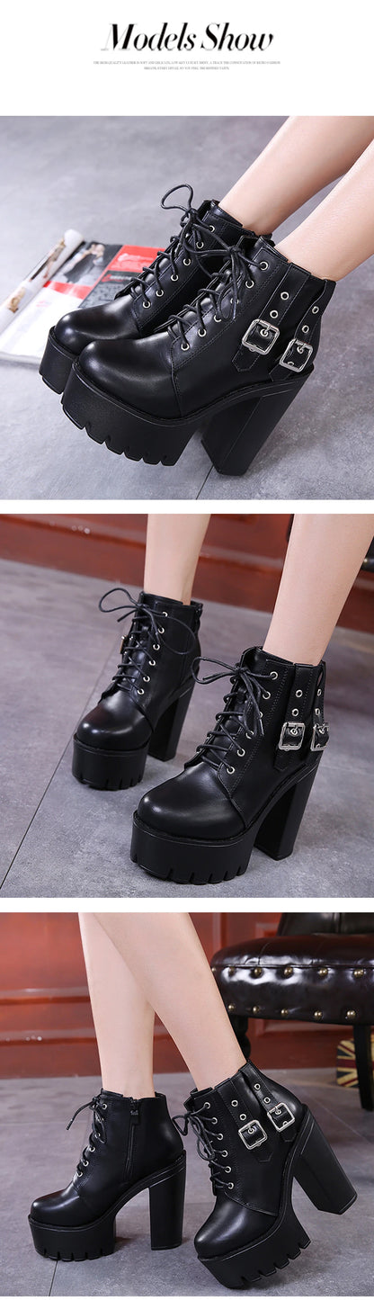 Gdgydh Goth Heeled Boots for Women Nightclub High Platform Heels Shoes Fashion Belt Buckle Short Boots with Zipper