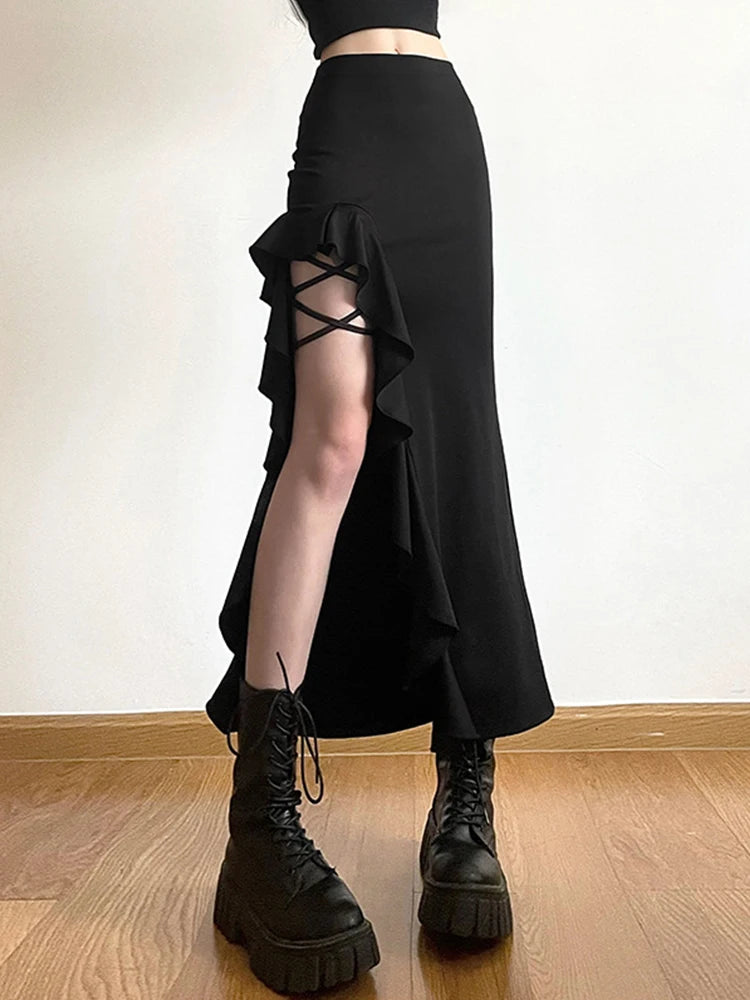 AltGoth  Coquette Mall Goth Skirt Women Streetwear Grunge High Waist Irregulr Split Skirt Vintage Emo Alternative Indie Clothes