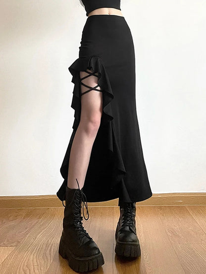 AltGoth  Coquette Mall Goth Skirt Women Streetwear Grunge High Waist Irregulr Split Skirt Vintage Emo Alternative Indie Clothes
