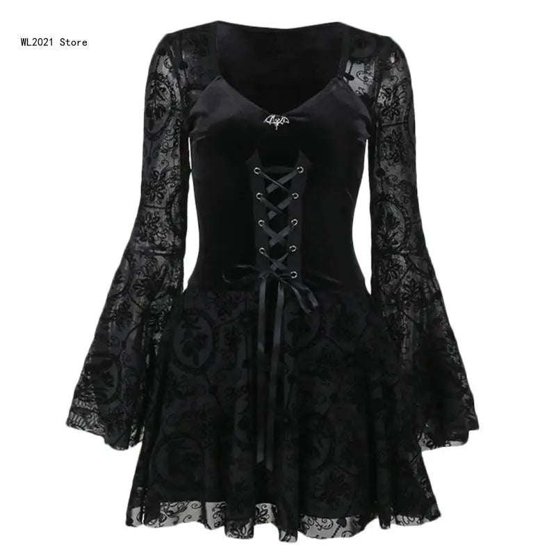 Gothic Dress Black Draped Bodycon Dresses Vintage Dark Flocking Long Skirt Party Birthday Costume for Women Girls