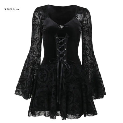 Gothic Dress Black Draped Bodycon Dresses Vintage Dark Flocking Long Skirt Party Birthday Costume for Women Girls